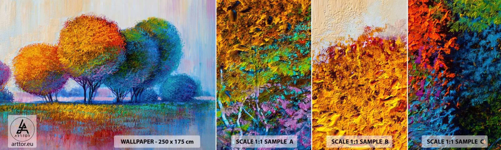 Échantillon de Papier Peint Autocollant Deluxe Sticker - Un bouquet de couleurs éclatantes - Abstraction, Paysage, Des arbres - 100x30 cm