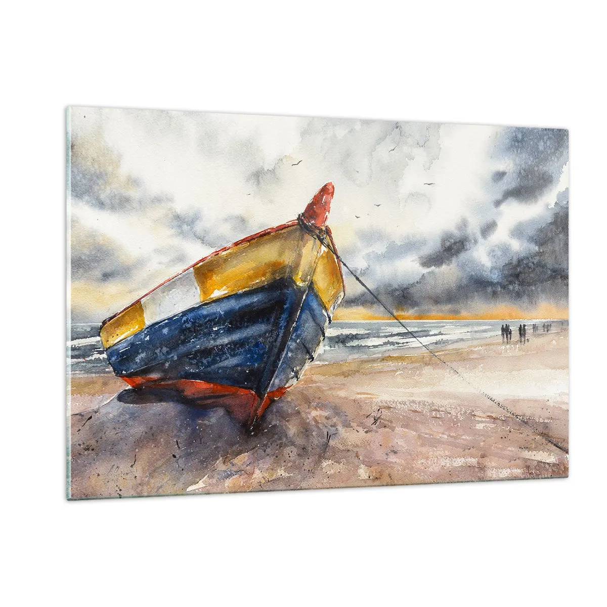 Impression sur verre - Image sur verre - Un bateau coloré sur la plage par temps nuageux - 120x80cm - Repos sur le rivage - Décoration murale moderne pour le salon et la chambre ARTTOR
