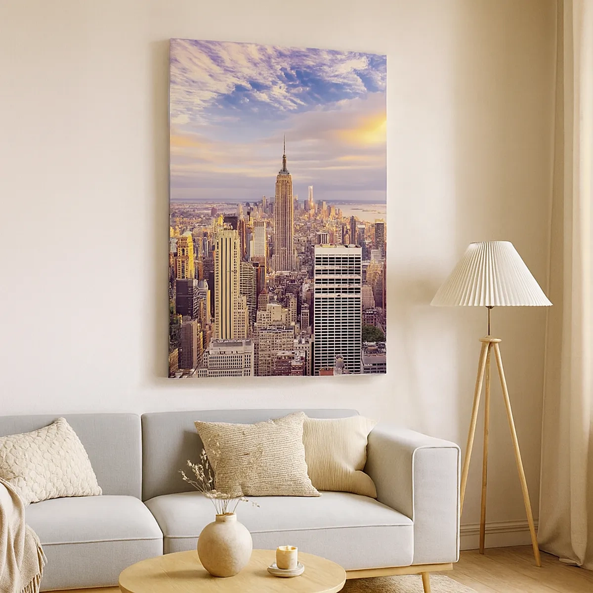 Impression sur toile - Image sur toile - Panorama d'une ville moderne avec des gratte-ciel au coucher du soleil - 50x70cm - Atteindre les nuages