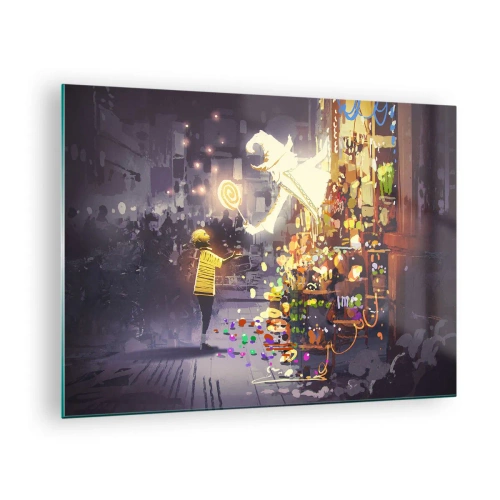 Impression sur verre - Image sur verre - Un enfant en t-shirt léger devant un stand lumineux rempli de bonbons colorés - 70x50cm - La magie existe - Décoration murale moderne pour le salon et la chambre ARTTOR