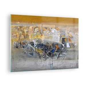 Impression sur verre - Image sur verre - Abstraction artistique en or, argent et gris - 70x50cm - Tout se met en place - Décoration murale moderne pour le salon et la chambre ARTTOR