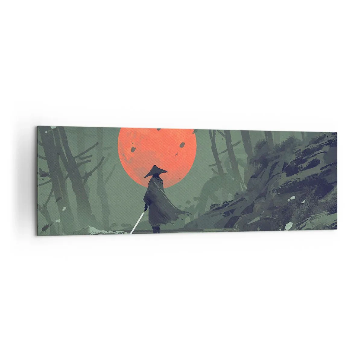 Impression sur toile - Image sur toile - Un guerrier solitaire avec une épée sur fond de lune rouge dans une forêt sombre. - 160x50cm - Guerrier de la lune rouge - Décoration murale moderne pour le salon et la chambre ARTTOR