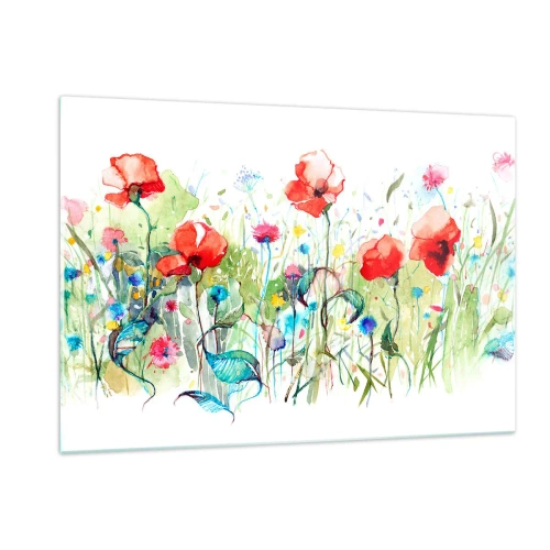 Impression sur verre - Image sur verre - Coquelicots colorés et fleurs sauvages dans un style aquarelle - 120x80cm - Prairie de fleurs en mai - Décoration murale moderne pour le salon et la chambre ARTTOR