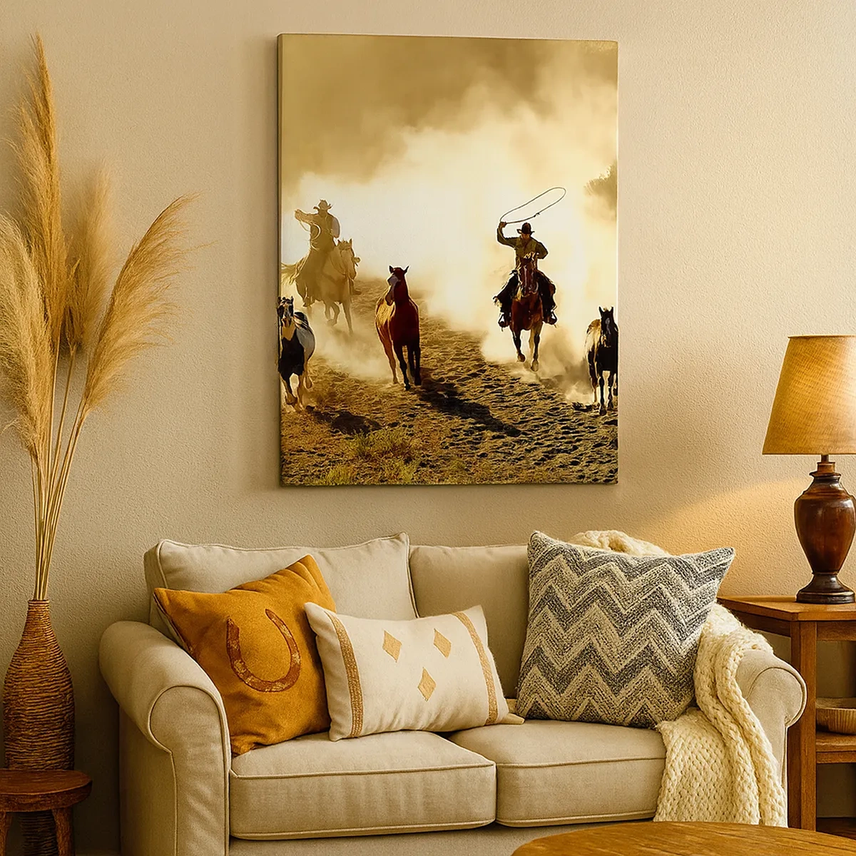 Impression sur toile - Image sur toile - Cowboys à cheval en action sur un terrain désertique - 50x70cm - L'ouest vraiment sauvage - Décoration murale moderne pour le salon et la chambre ARTTOR