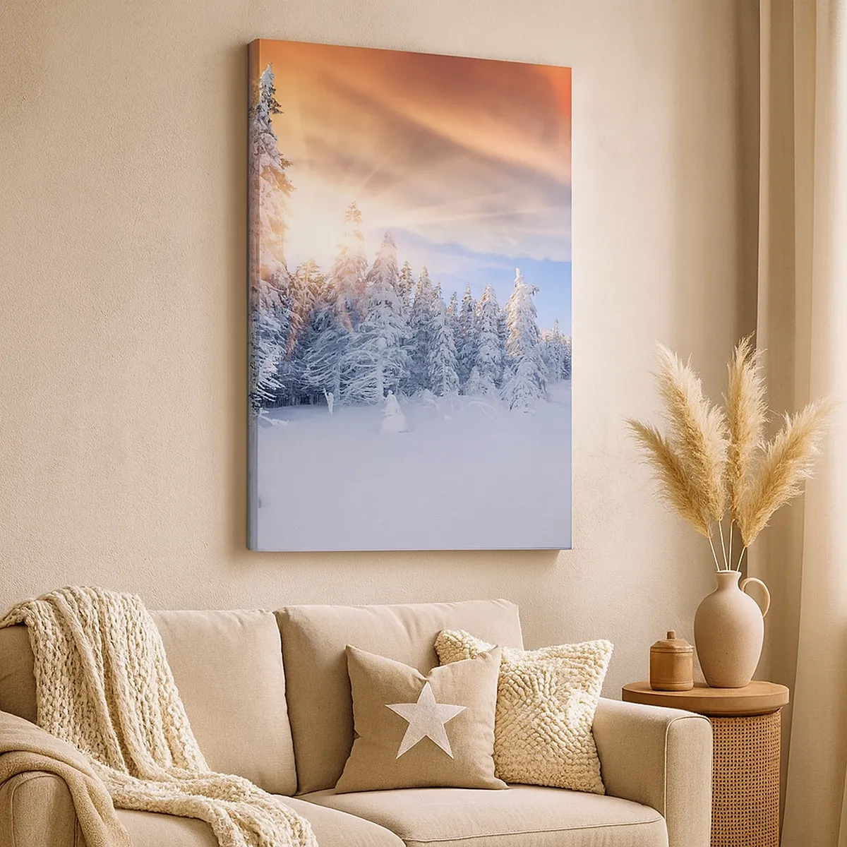 Impression sur toile - Image sur toile - Paysage d'hiver avec une forêt enneigée au coucher du soleil - 50x70cm - Un spectacle enneigé de la nature - Décoration murale moderne pour le salon et la chambre ARTTOR