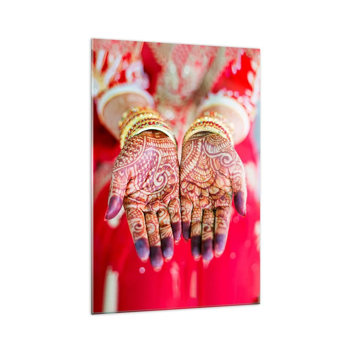 Impression sur verre - Image sur verre - Mains décorées au henné sur fond de robe rouge - 70x100cm - Prêt à saisir votre chance - Décoration murale moderne pour le salon et la chambre ARTTOR