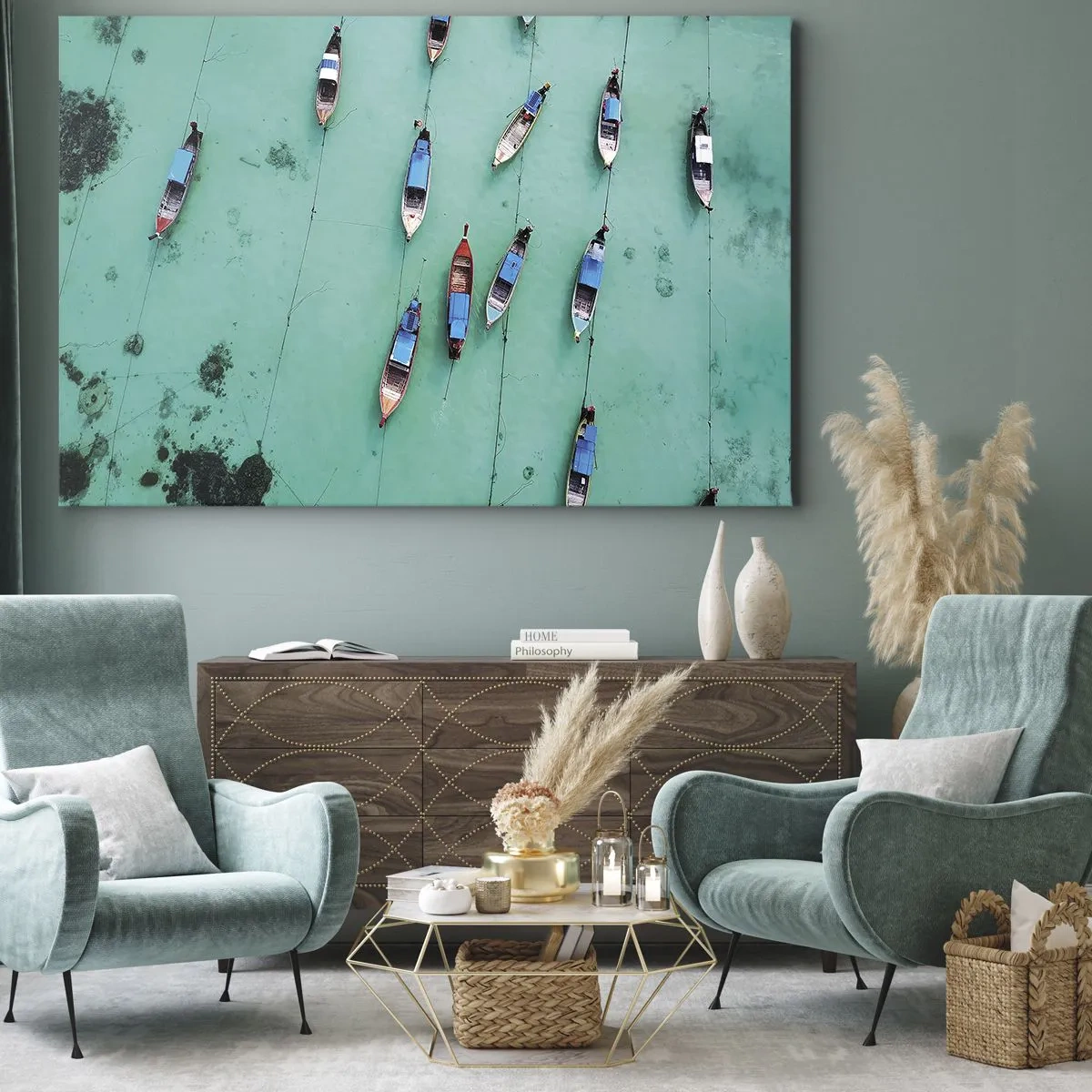 Impression sur toile - Image sur toile - Vue aérienne de bateaux sur une eau turquoise - 100x70cm - Dans une attente jouyeuse - Décoration murale moderne pour le salon et la chambre ARTTOR