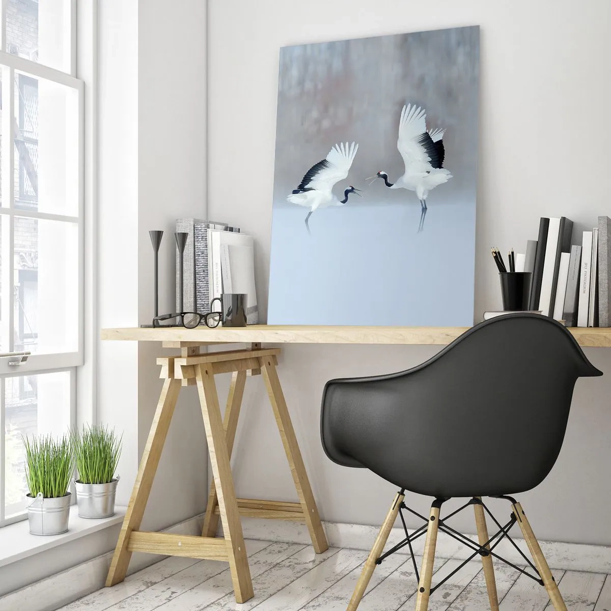 Impression sur verre - Image sur verre - Grues dansantes sur fond de paysage hivernal - 50x70cm - Danse dans le brouillard - Décoration murale moderne pour le salon et la chambre ARTTOR