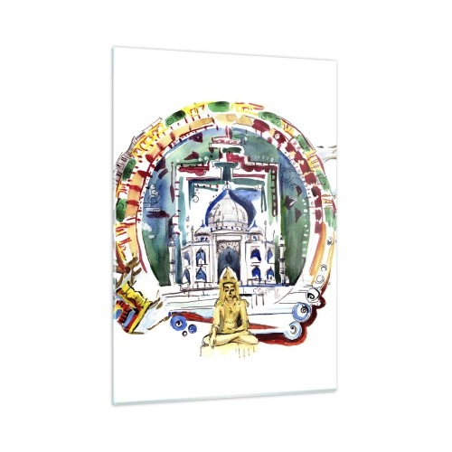 Impression sur verre - Image sur verre - Illustration colorée de monuments indiens à l'aquarelle - 50x70cm - Équilibre mondial hindou - Décoration murale moderne pour le salon et la chambre ARTTOR