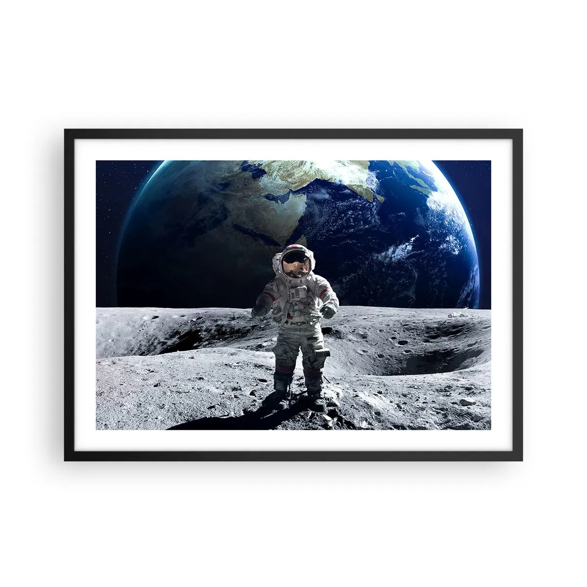 Affiche dans un cadre noir - Poster - Astronaute à la surface de la Lune avec la Terre en arrière-plan - 70x50cm - Salutations de la lune - Décoration murale moderne pour le salon et la chambre ARTTOR