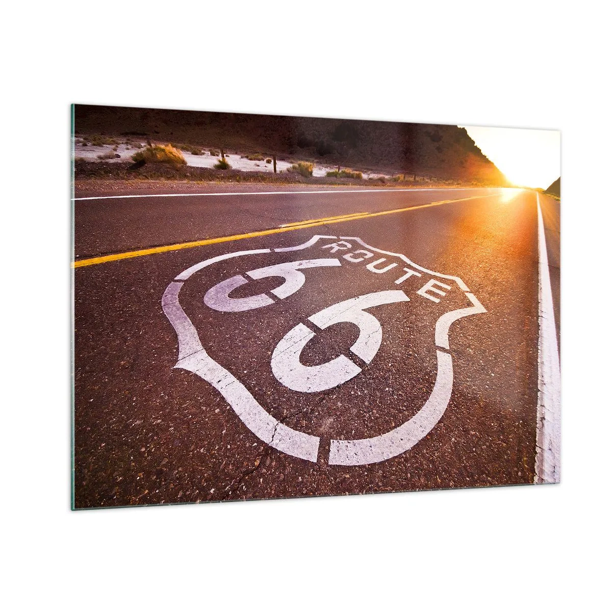 Impression sur verre - Image sur verre - Route 66 au coucher du soleil - 100x70cm - Célèbre Route 66 - Décoration murale moderne pour le salon et la chambre ARTTOR