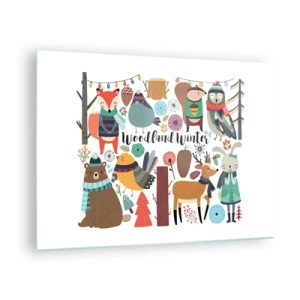 Impression sur verre - Image sur verre - Forêt d'hiver avec des animaux mignons en illustration - 70x50cm - Un monde de conte de fées en forêt - Décoration murale moderne pour le salon et la chambre ARTTOR