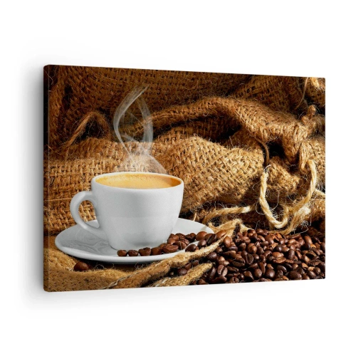 Impression sur toile - Image sur toile - Une tasse de café entourée d'un sac de grains de café - 70x50cm - L'odeur du moka et la densité du miel liquide - Décoration murale moderne pour le salon et la chambre ARTTOR
