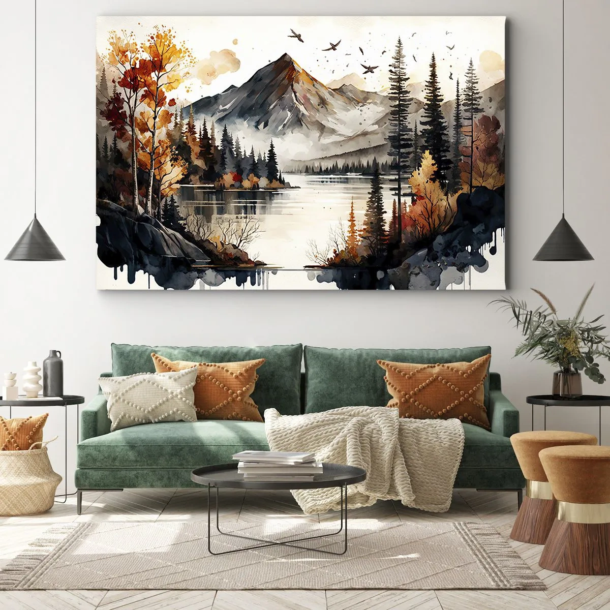 Impression sur toile - Image sur toile - Paysage de montagne d'automne avec un lac et des arbres à l'aquarelle - 70x50cm - Automne doré dans les montagnes - Décoration murale moderne pour le salon et la chambre ARTTOR