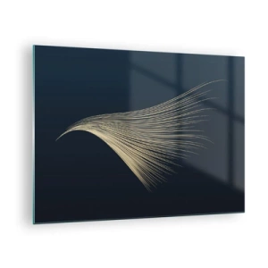 Impression sur verre - Image sur verre - Une ligne dorée ressemblant à une aile sur un fond bleu marine - 70x50cm - Comme les cheveux d'un ange - Décoration murale moderne pour le salon et la chambre ARTTOR