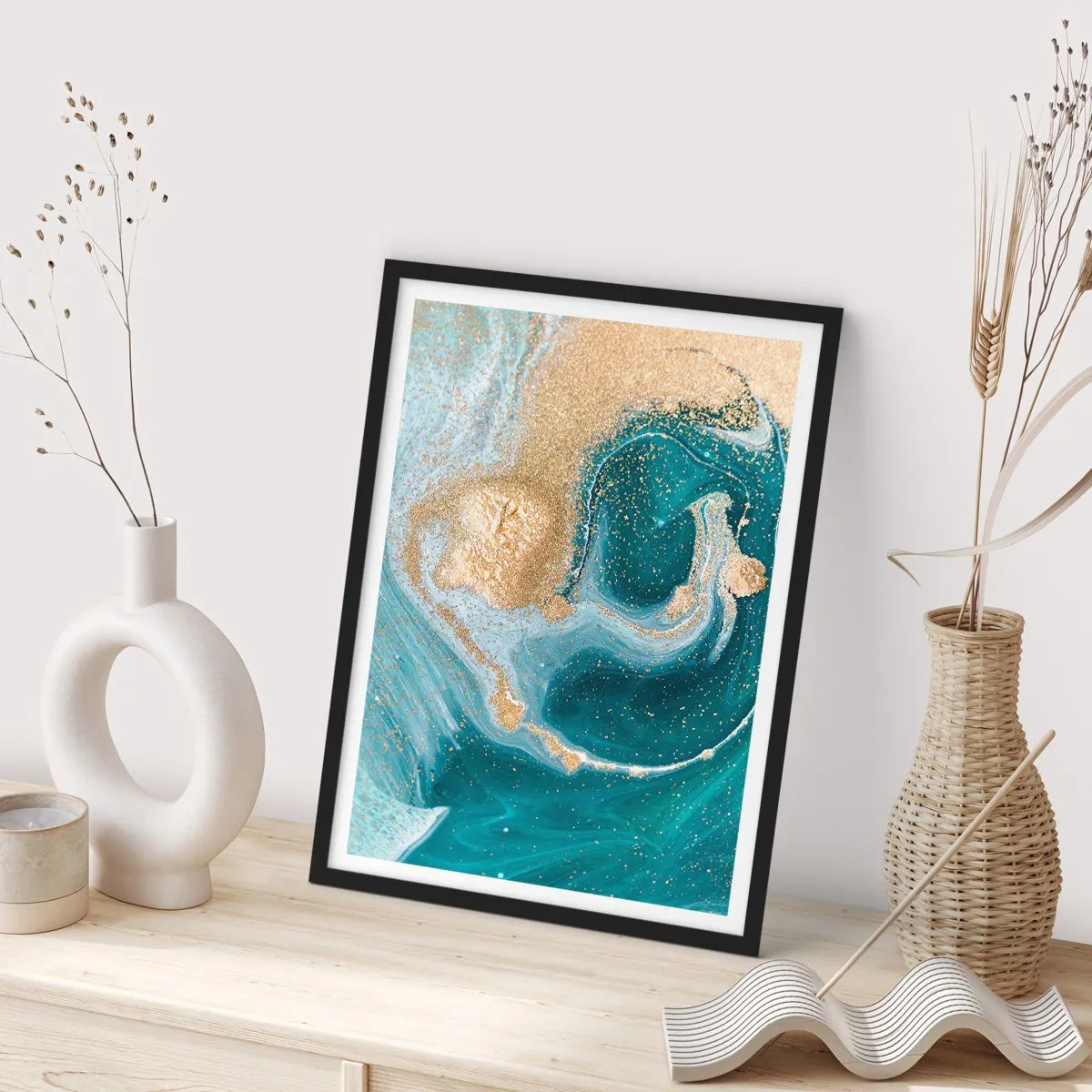 Affiche dans un cadre noir - Poster - Tourbillon d'or et de turquoise - 40x50 cm