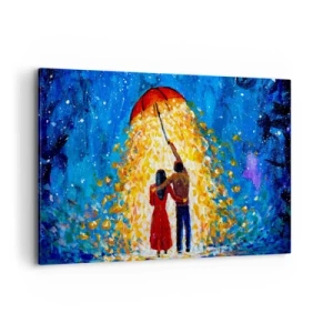 Impression sur toile - Image sur toile - Un couple sous un parapluie rouge sous la pluie lumineuse - 120x80cm - La magie d'une soirée pluvieuse ? - Décoration murale moderne pour le salon et la chambre ARTTOR