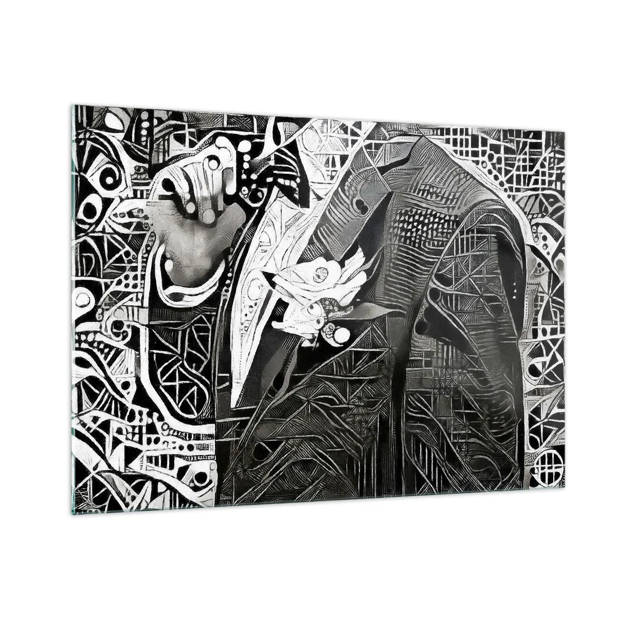 Impression sur verre - Image sur verre - Abstraction en noir et blanc avec des motifs géométriques - 100x70cm - Seulement en apparence un homme froid - Décoration murale moderne pour le salon et la chambre ARTTOR