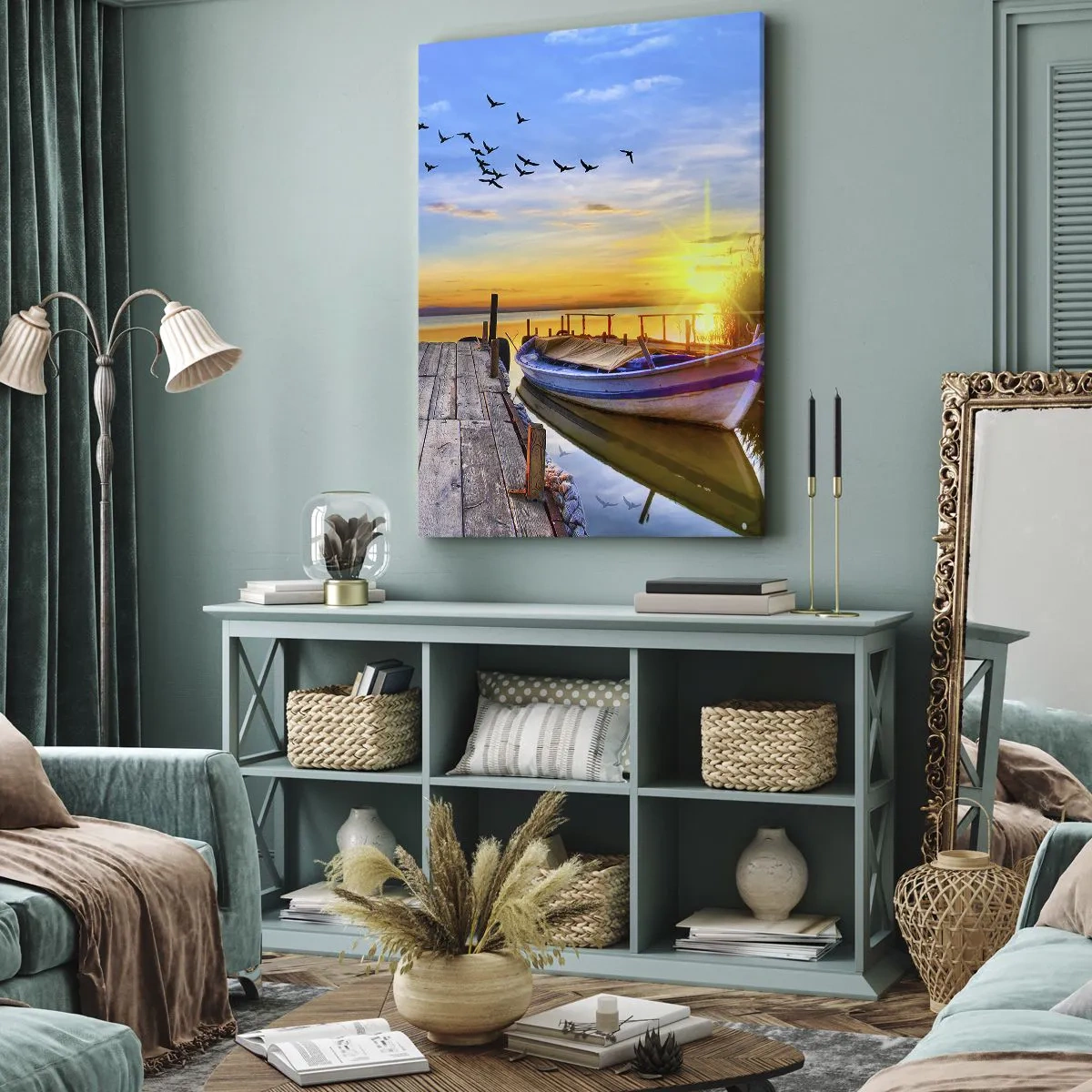 Impression sur toile - Image sur toile - Un bateau sur une jetée en bois au coucher du soleil - 70x100cm - Au revoir, à demain - Décoration murale moderne pour le salon et la chambre ARTTOR