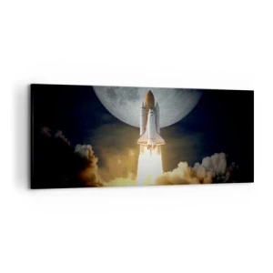 Impression sur toile - Image sur toile - Une fusée décollant sur fond de pleine lune entourée de nuages dynamiques. - 120x50cm - Le début d'une aventure surnaturelle - Décoration murale moderne pour le salon et la chambre ARTTOR