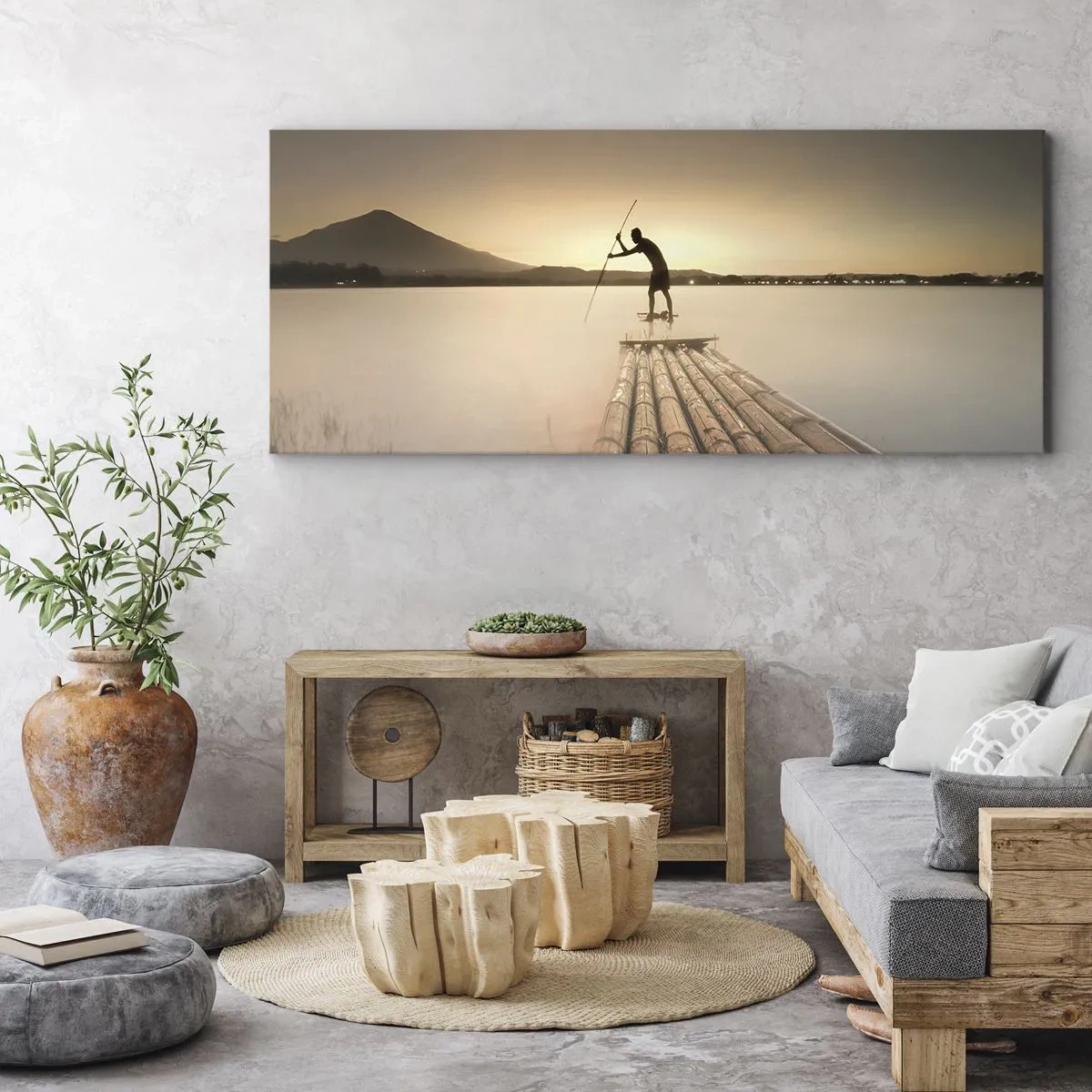 Impression sur toile - Image sur toile - Homme sur un radeau au coucher du soleil - 160x50cm - Avant la fin du jour - Décoration murale moderne pour le salon et la chambre ARTTOR