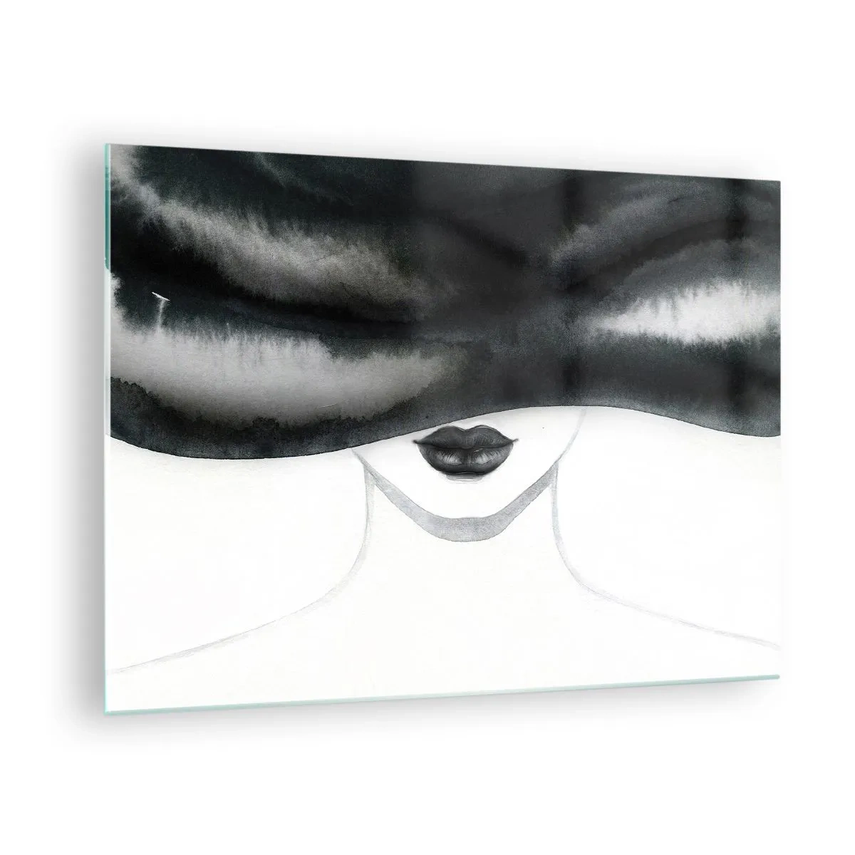 Impression sur verre - Image sur verre - Visage mystérieux aux yeux couverts à l'aquarelle noir et blanc - 70x50cm - Un mystère sensuel - Décoration murale moderne pour le salon et la chambre ARTTOR