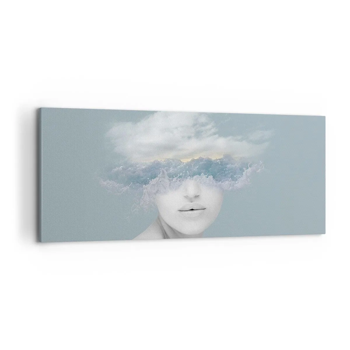 Impression sur toile - Image sur toile - Portrait d'une femme avec son visage caché derrière les nuages et les vagues - 120x50cm - La tête dans les nuages - Décoration murale moderne pour le salon et la chambre ARTTOR