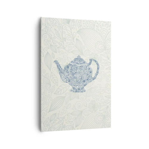 Impression sur toile - Image sur toile - Dessin décoratif d'une théière avec des ornements bleus - 70x100cm - Le charme du thé - Décoration murale moderne pour le salon et la chambre ARTTOR