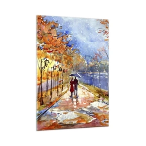 Impression sur verre - Image sur verre - Une promenade d'automne le long de l'avenue avec des feuilles colorées et des lanternes - 50x70cm - Ensemble jusqu'au bout du temps - Décoration murale moderne pour le salon et la chambre ARTTOR