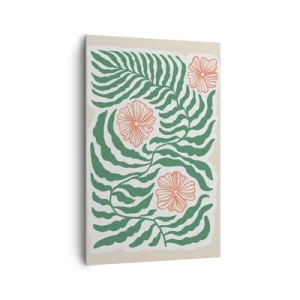 Impression sur toile - Image sur toile - Un motif minimaliste de feuilles vertes avec des fleurs dans des tons orange. - 80x120cm - Fleurit en vert - Décoration murale moderne pour le salon et la chambre ARTTOR