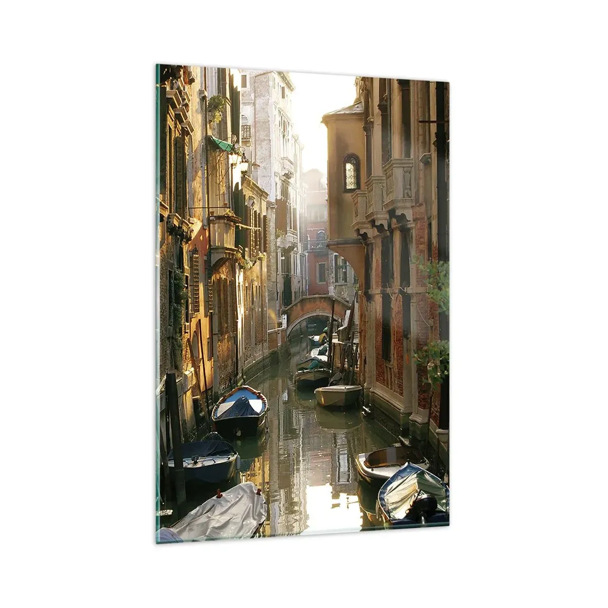 Impression sur verre - Image sur verre - Un canal pittoresque à Venise avec des bateaux et un pont - 80x120cm - Dans une ruelle vénitienne - Décoration murale moderne pour le salon et la chambre ARTTOR