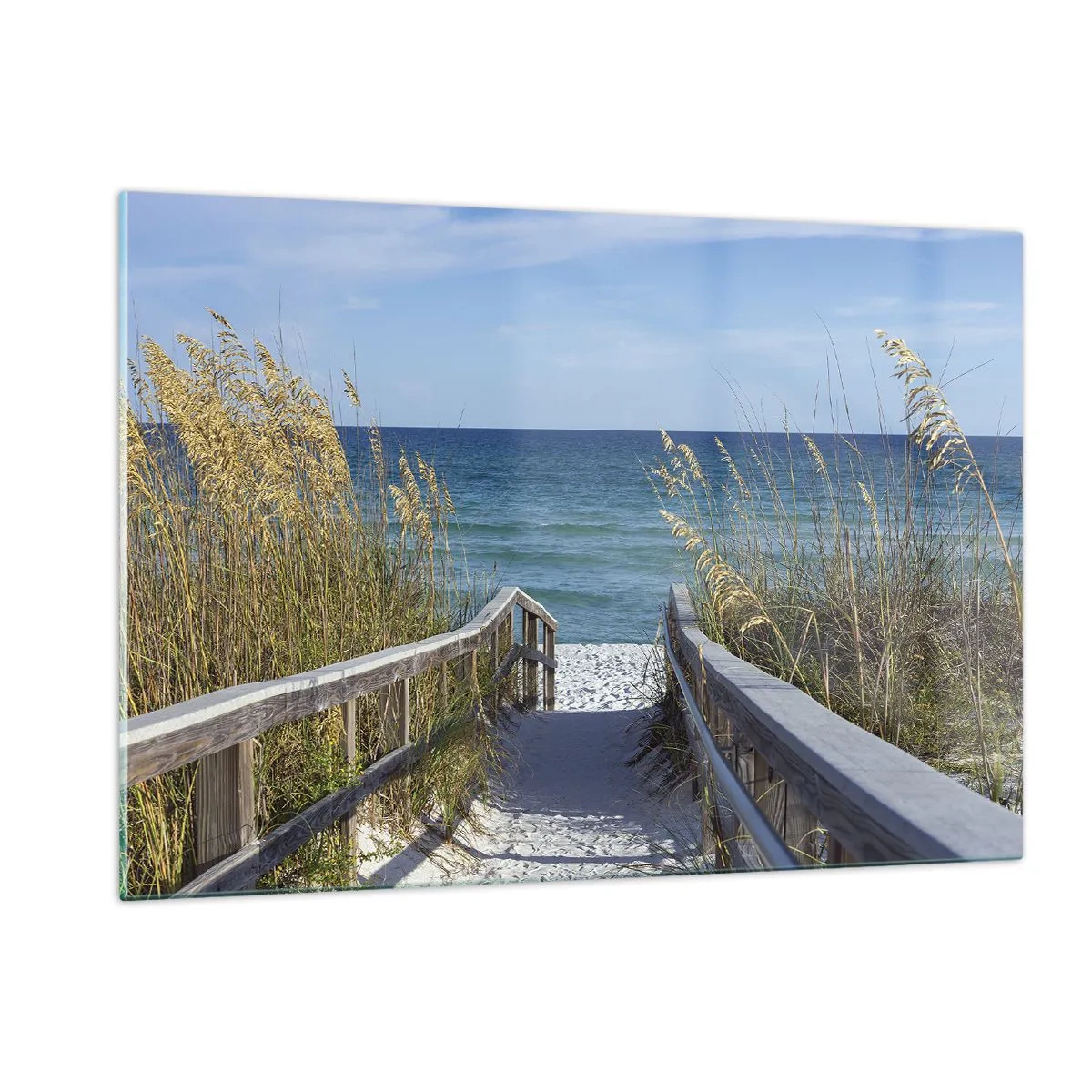 Impression sur verre - Image sur verre - Chemin vers la plage avec vue sur la mer - 120x80cm - Au soleil, sous le vent - Décoration murale moderne pour le salon et la chambre ARTTOR