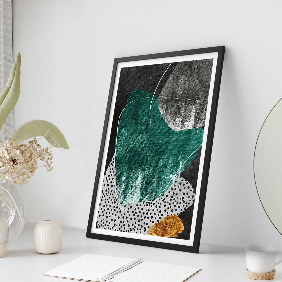 Affiche dans un cadre noir - Poster - Abstraction colorée avec feuille d'or - 61x91 cm