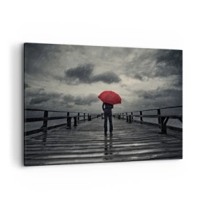 Impression sur toile - Image sur toile - Une personne avec un parapluie rouge sur une jetée pluvieuse - 120x80cm - Peu importe qu'il pleuve - Décoration murale moderne pour le salon et la chambre ARTTOR