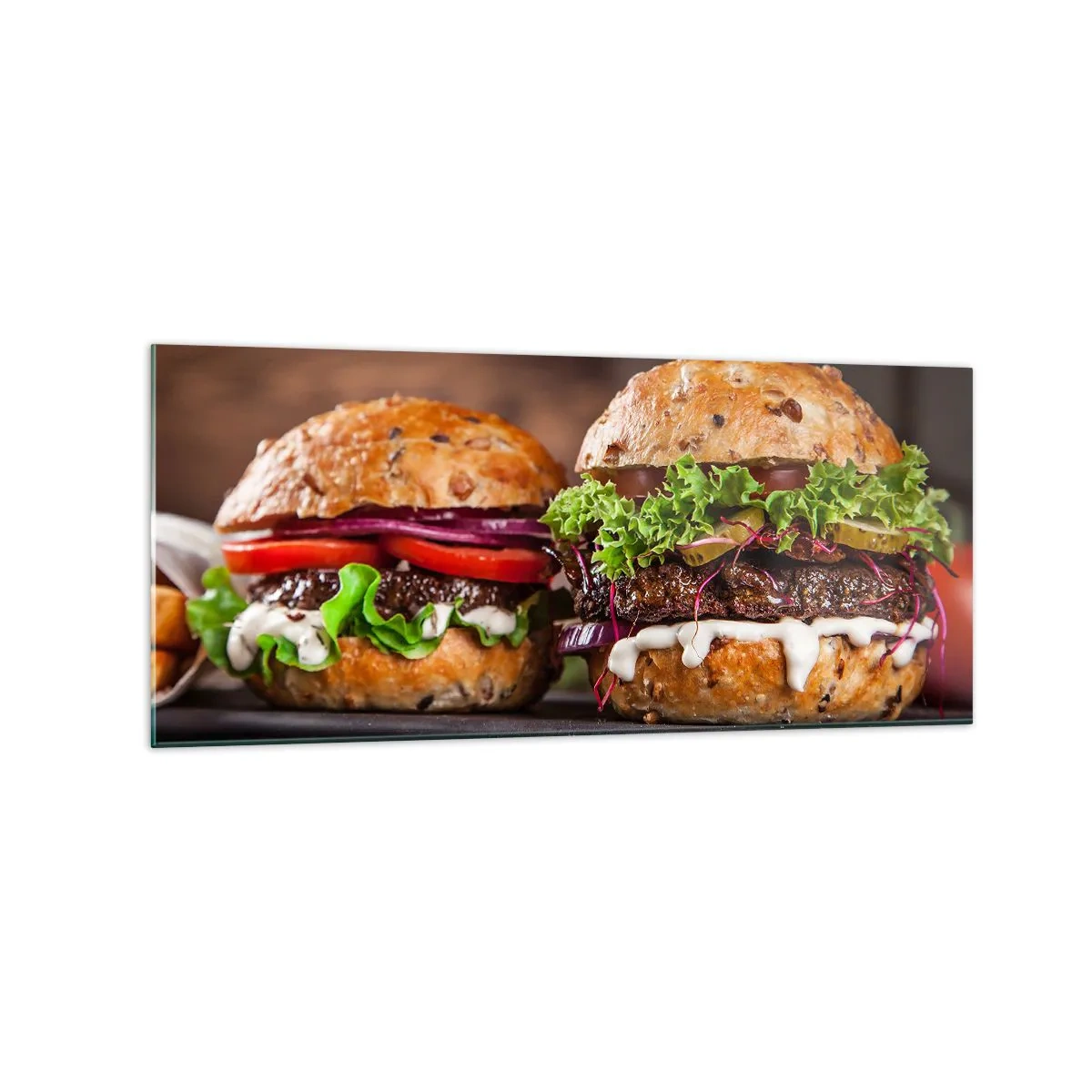 Impression sur verre - Image sur verre - Burgers appétissants avec légumes et sauce - 120x50cm - American dream - Décoration murale moderne pour le salon et la chambre ARTTOR
