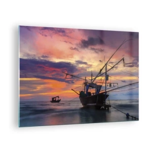 Impression sur verre - Image sur verre - Bateaux de pêche en mer au coucher du soleil - 70x50cm - Soirée exotique - Décoration murale moderne pour le salon et la chambre ARTTOR
