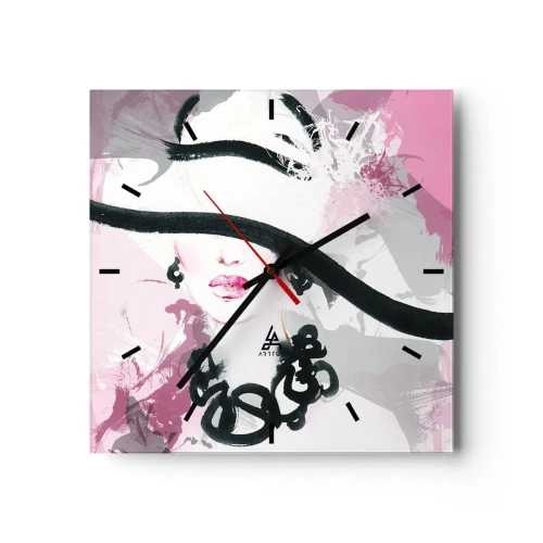 Horloge murale - Pendule murale - Une femme élégante avec un chapeau sur un fond d'abstractions roses. - 30x30cm - Portrait d'une dame en noir et rose - Décoration murale moderne pour le salon et la chambre ARTTOR