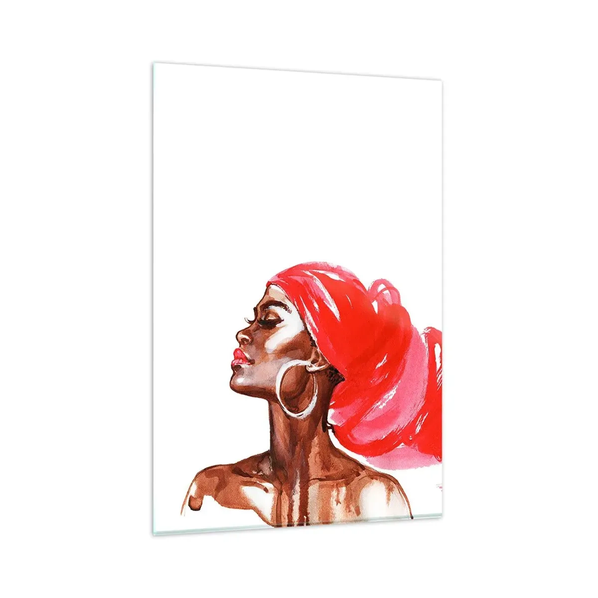 Impression sur verre - Image sur verre - Profil d'une femme avec un turban rouge et des boucles d'oreilles - 80x120cm - "Les cheveux dans le vent" - Décoration murale moderne pour le salon et la chambre ARTTOR