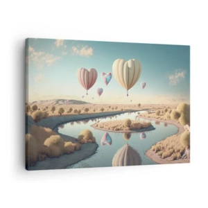 Impression sur toile - Image sur toile - Des ballons en forme de cœur flottant au-dessus du paysage - 70x50cm - L'amour te permet de t'élever - Décoration murale moderne pour le salon et la chambre ARTTOR