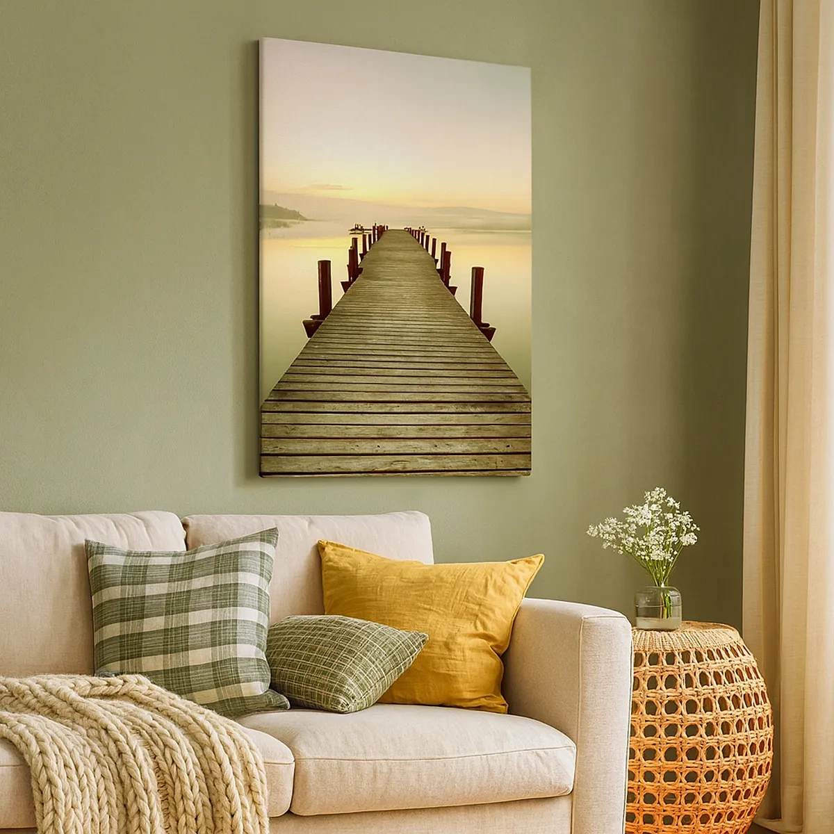 Impression sur toile - Image sur toile - Une jetée en bois sur un lac calme le matin - 50x70cm - L'aube, les premières lueurs, le jour - Décoration murale moderne pour le salon et la chambre ARTTOR