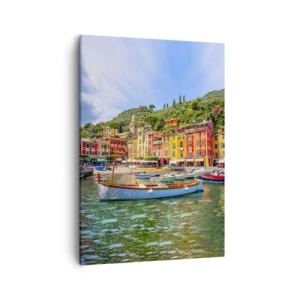 Impression sur toile - Image sur toile - Maisons de ville colorées et bateaux dans une ville balnéaire italienne - 50x70cm - Matinée italienne - Décoration murale moderne pour le salon et la chambre ARTTOR