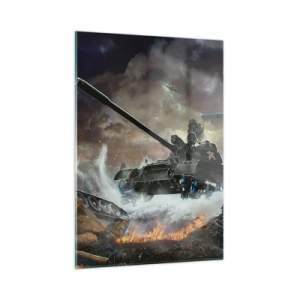 Impression sur verre - Image sur verre - Un char en action sur fond de champ de bataille dramatique. - 50x70cm - La bataille est terrible et belle - Décoration murale moderne pour le salon et la chambre ARTTOR