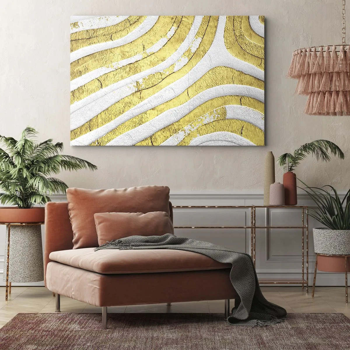 Impression sur toile - Image sur toile - Lignes abstraites dorées et blanches dans une texture 3D - 120x80cm - Composition en blanc et or - Décoration murale moderne pour le salon et la chambre ARTTOR