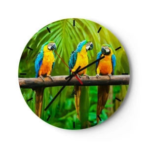 Horloge murale - Pendule murale - Trois perroquets aras sur une branche dans un décor tropical - 30x30cm - Et avez-vous entendu qu'elle ...? - Décoration murale moderne pour le salon, la cuisine et la chambre ARTTOR