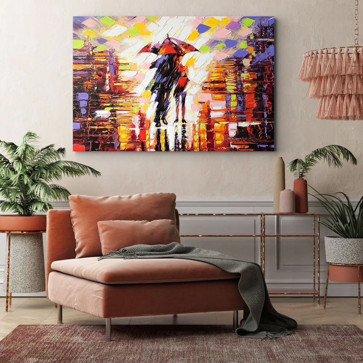 Impression sur toile - Image sur toile - Une scène abstraite d'une promenade sous un parapluie par une nuit pluvieuse. - 120x80cm - Ensemble à travers la nuit et la pluie - Décoration murale moderne pour le salon et la chambre ARTTOR