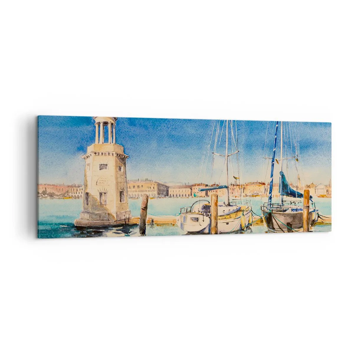 Impression sur toile - Image sur toile - Marina avec bateaux sur fond de lagon bleu - 140x50cm - Lagune ensoleillée - Décoration murale moderne pour le salon et la chambre ARTTOR