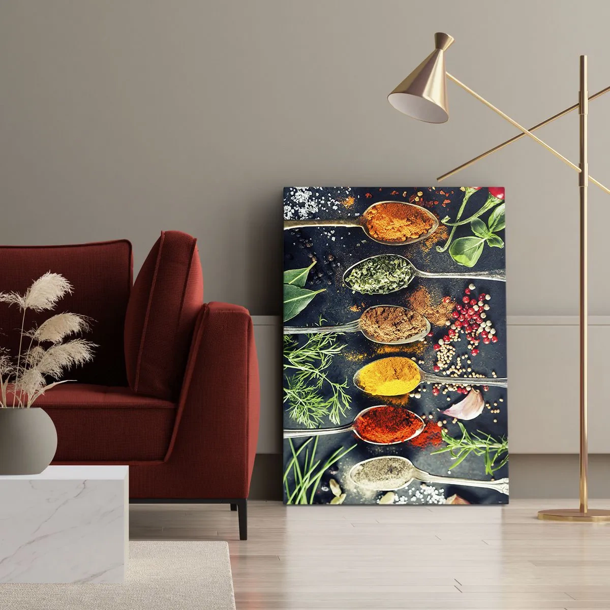 Impression sur toile - Image sur toile - Épices colorées sur des cuillères avec des herbes en arrière-plan - 70x100cm - Magie culinaire - Décoration murale moderne pour le salon et la chambre ARTTOR