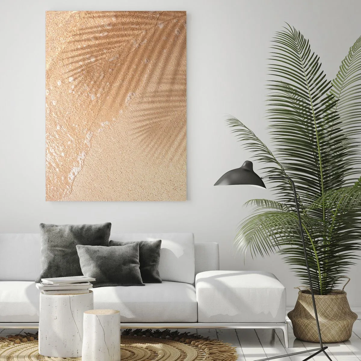Impression sur verre - Image sur verre - L'ombre d'un palmier sur le sable avec un délicat motif de vagues - 70x100cm - Ombre d'un été chaud - Décoration murale moderne pour le salon et la chambre ARTTOR