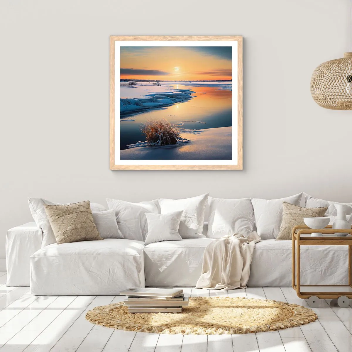Affiche dans un chêne clair - Poster - Coucher de soleil d'hiver - 60x60 cm