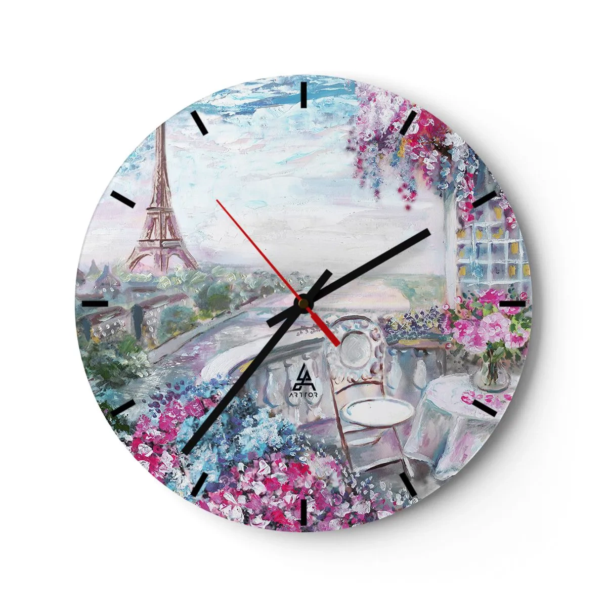 Horloge murale - Pendule murale - Vue pittoresque de la Tour Eiffel depuis la terrasse fleurie - 30x30cm - C'est le plus beau ici en mai - Décoration murale moderne pour le salon, la cuisine et la chambre ARTTOR